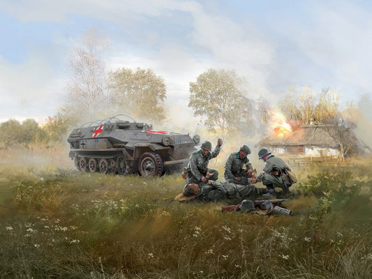 Krankenpanzerwagen Sd.Kfz.251/8 Ausf.A , WWII German Ambulance with 4 Figures ICM35114