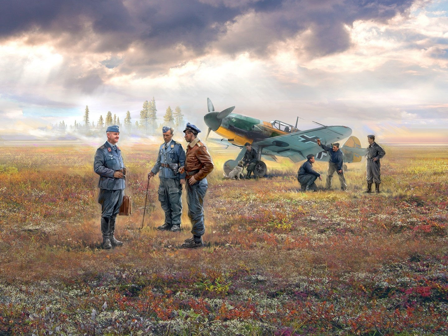 Bf 109F-4 with German Ground Personnel (7 Figures & Dog) ICM48805