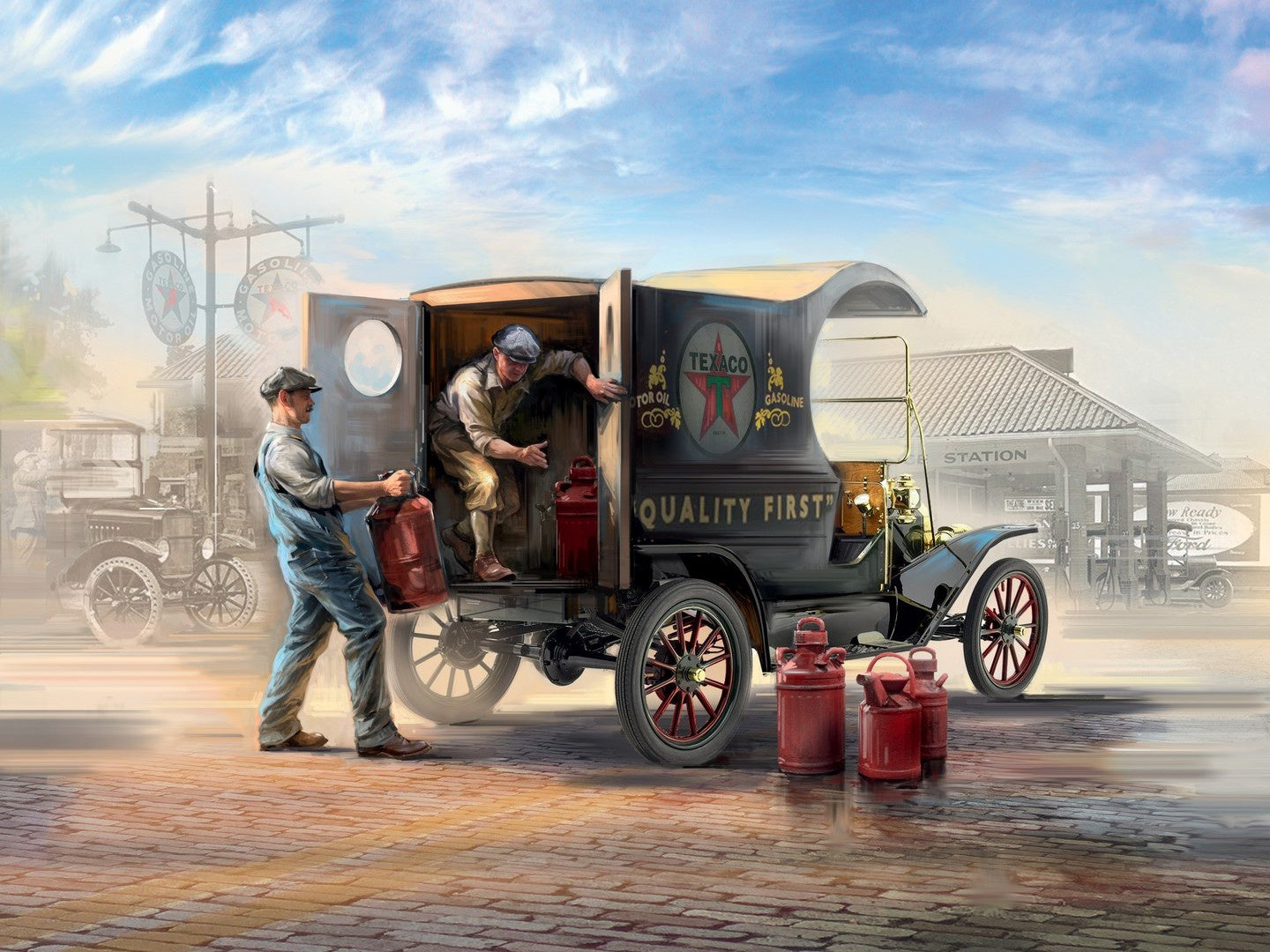 Gasoline Delivery, Model T 1912 Delivery Car with 2 American Gasoline Loader Figures ICM24019