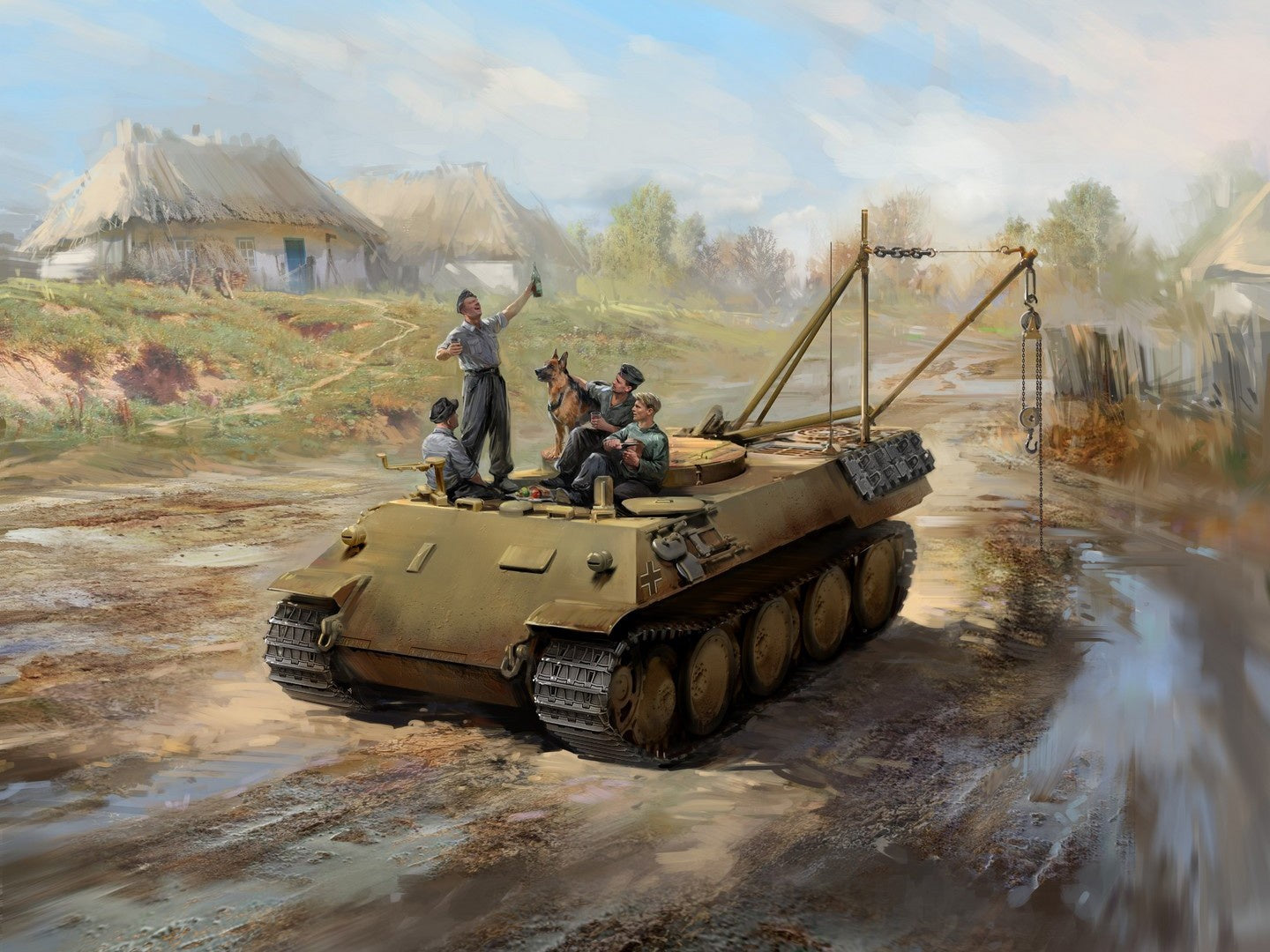 "Prost!", Between Battles on Bergepanther (ARV Bergepanther with 4 Figures & Dog) ICM35343