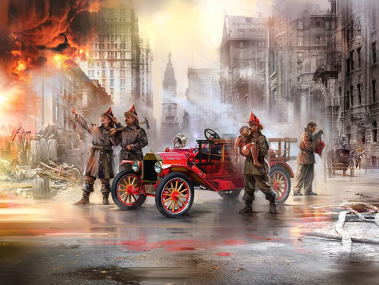 Model T 1914 Fire Truck with 4 Crew Figures, Boy & Cat ICM35606