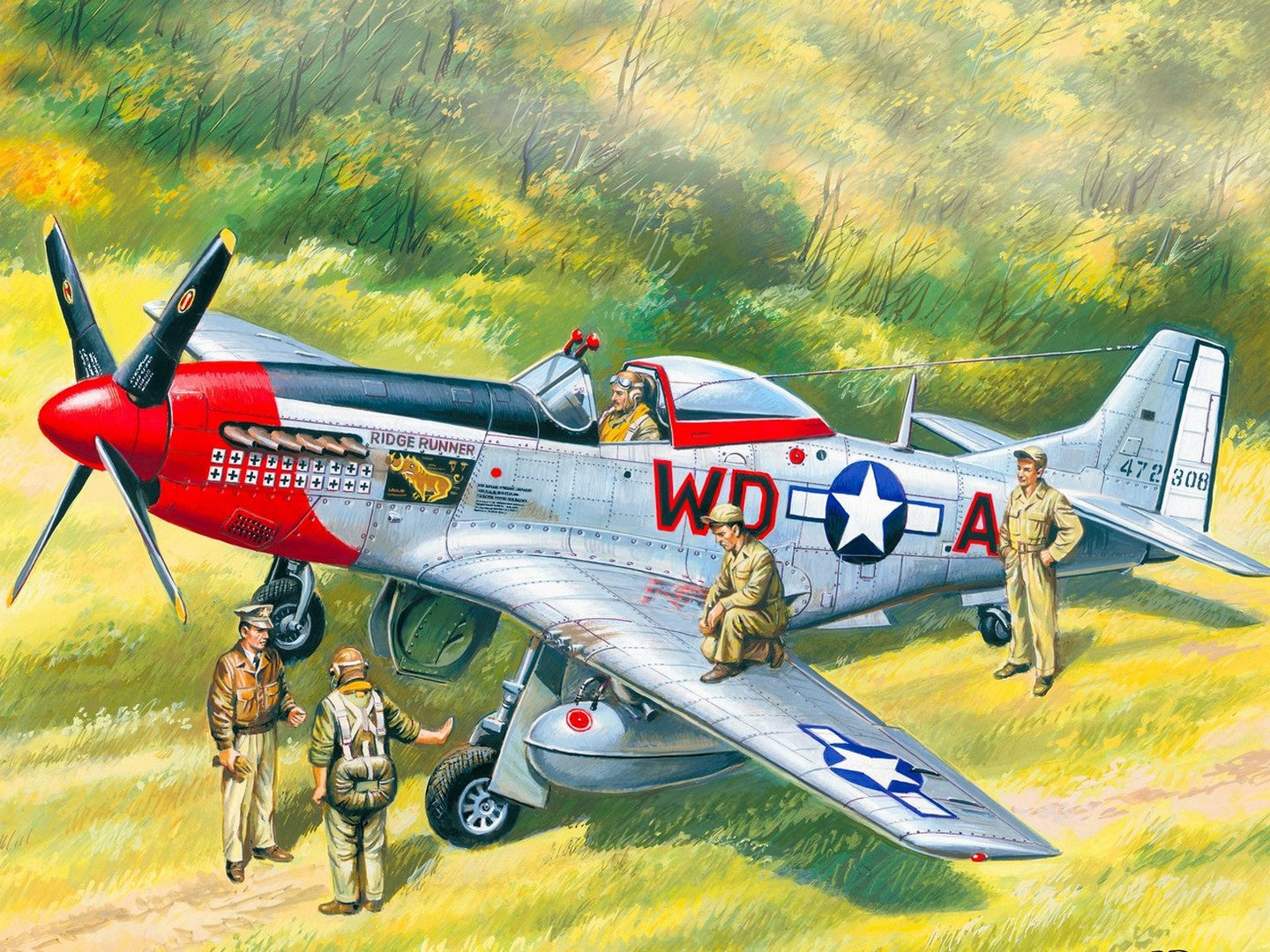 Mustang P-51D with USAAF Pilots & Ground Personnel (5 Figures) ICM48153