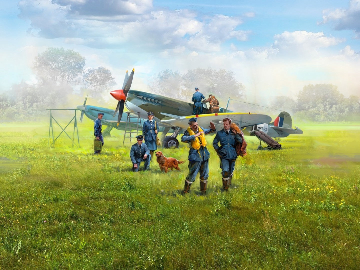 WWII RAF Airfield Set, Spitfire Mk.IX & Spitfire Mk.VII, RAF Pilots & Ground Personnel (7 Figures) ICMDS4802